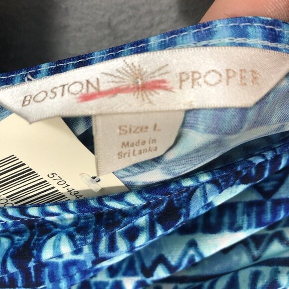 Boston Proper Dress Womens Large Blue White Artsy Abstract Wrap Slinky Knit NEW - Picture 12 of 16